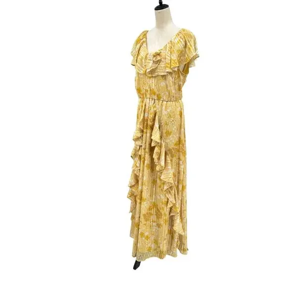 Eloquii Golden Yellow Floral Metallic Stripe Ruffle Sleeveless Maxi Dress - Picture 4 of 13